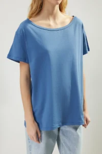 TRENDYOLMİLLA Indigo 100% Cotton Oversized/Wide Pattern Boat Neck Knitting T-Shirt - Image 5