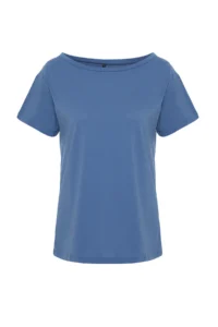 TRENDYOLMİLLA Indigo 100% Cotton Oversized/Wide Pattern Boat Neck Knitting T-Shirt - Image 7