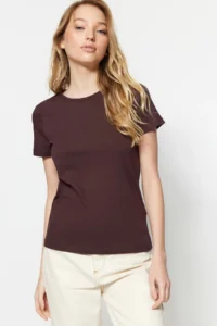 TRENDYOLMİLLA Brown-Beige 100% Cotton 2 Sets Package Basic Crew Neck Knitting T-Shirt - Image 2