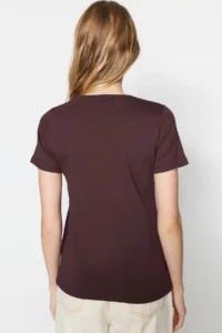 TRENDYOLMİLLA Brown-Beige 100% Cotton 2 Sets Package Basic Crew Neck Knitting T-Shirt - Image 6