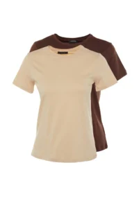 TRENDYOLMİLLA Brown-Beige 100% Cotton 2 Sets Package Basic Crew Neck Knitting T-Shirt - Image 7