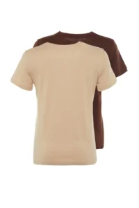TRENDYOLMİLLA Brown-Beige 100% Cotton 2 Sets Package Basic Crew Neck Knitting T-Shirt - Image 8