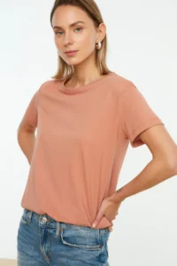 TRENDYOLMİLLA Khaki-Salmon 100% Cotton single jersey Crew Neck 2 Sets Package Knitting T-Shirt - Image 2