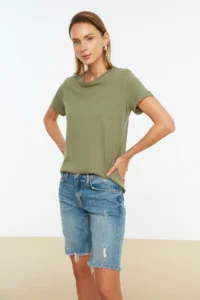 TRENDYOLMİLLA Khaki-Salmon 100% Cotton single jersey Crew Neck 2 Sets Package Knitting T-Shirt - Image 4
