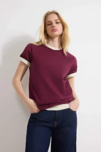 TRENDYOLMİLLA Plum-Stone 100% Cotton Crew Neck 2 Sets Package Knitting T-Shirt - Image 2