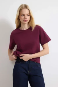 TRENDYOLMİLLA Plum-Stone 100% Cotton Crew Neck 2 Sets Package Knitting T-Shirt - Image 3
