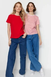 TRENDYOLMİLLA Rejection-Rejection Striped 2 Sets Package Basic Crew Neck Knitting T-Shirt