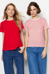 TRENDYOLMİLLA Rejection-Rejection Striped 2 Sets Package Basic Crew Neck Knitting T-Shirt - Image 2
