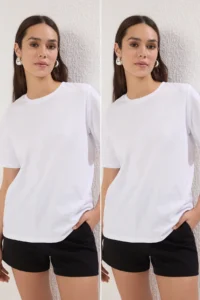 TRENDYOLMİLLA White-White Basic 100% Cotton Crew Neck 2 Sets Package Knitting T-Shirt