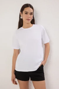 TRENDYOLMİLLA White-White Basic 100% Cotton Crew Neck 2 Sets Package Knitting T-Shirt - Image 2