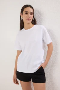 TRENDYOLMİLLA White-White Basic 100% Cotton Crew Neck 2 Sets Package Knitting T-Shirt - Image 3