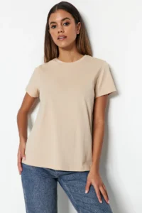TRENDYOLMİLLA Brown-Beige-Khaki Striped 3 Sets Package Basic Crew Neck Knitting T-Shirt - Image 3