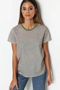 TRENDYOLMİLLA Brown-Beige-Khaki Striped 3 Sets Package Basic Crew Neck Knitting T-Shirt - Image 4