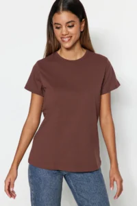 TRENDYOLMİLLA Brown-Beige-Khaki Striped 3 Sets Package Basic Crew Neck Knitting T-Shirt - Image 5
