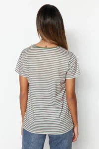 TRENDYOLMİLLA Brown-Beige-Khaki Striped 3 Sets Package Basic Crew Neck Knitting T-Shirt - Image 6
