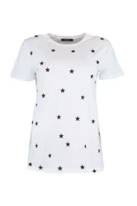 TRENDYOLMİLLA White 100% Thick Cotton Star Printed Regular/Normal Pattern Knitting T-Shirt - Image 7