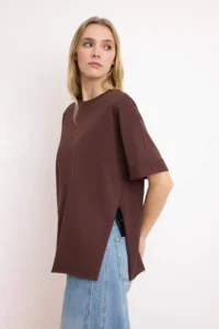 TRENDYOLMİLLA Dark Brown Striped Double Sleeve Asymmetric Boyfriend Knitting T-Shirt