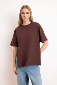 TRENDYOLMİLLA Dark Brown Striped Double Sleeve Asymmetric Boyfriend Knitting T-Shirt - Image 2