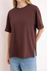 TRENDYOLMİLLA Dark Brown Striped Double Sleeve Asymmetric Boyfriend Knitting T-Shirt - Image 3