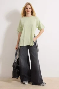 TRENDYOLMİLLA Mint Double Sleeve Wide Cut Asymmetric Boyfriend Knitting T-Shirt