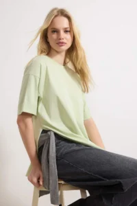 TRENDYOLMİLLA Mint Double Sleeve Wide Cut Asymmetric Boyfriend Knitting T-Shirt - Image 2