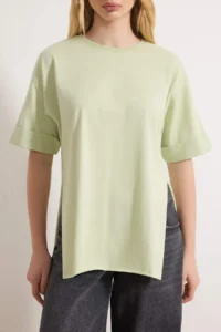 TRENDYOLMİLLA Mint Double Sleeve Wide Cut Asymmetric Boyfriend Knitting T-Shirt - Image 3