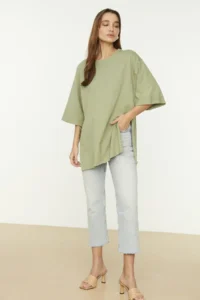 TRENDYOLMİLLA Mint Double Sleeve Wide Cut Asymmetric Boyfriend Knitting T-Shirt - Image 5