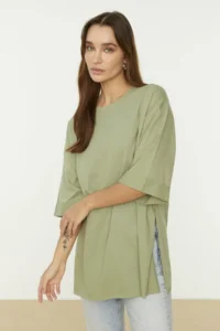 TRENDYOLMİLLA Mint Double Sleeve Wide Cut Asymmetric Boyfriend Knitting T-Shirt - Image 7