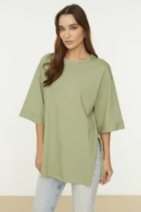 TRENDYOLMİLLA Mint Double Sleeve Wide Cut Asymmetric Boyfriend Knitting T-Shirt - Image 8