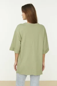 TRENDYOLMİLLA Mint Double Sleeve Wide Cut Asymmetric Boyfriend Knitting T-Shirt - Image 9
