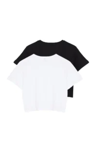 TRENDYOLMİLLA Black-White 2 Sets Package 100% Cotton Crop Crew Neck Knitting T-Shirt - Image 10