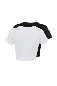 TRENDYOLMİLLA Black-White 2 Sets Package 100% Cotton Crop Crew Neck Knitting T-Shirt - Image 8