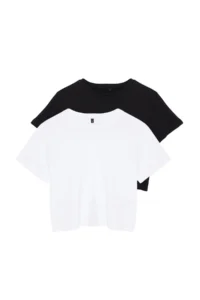 TRENDYOLMİLLA Black-White 2 Sets Package 100% Cotton Crop Crew Neck Knitting T-Shirt - Image 9