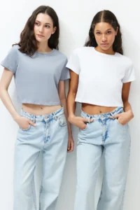 TRENDYOLMİLLA White-Gray 2 Sets Package 100% Cotton Crop Crew Neck Knitting T-Shirt