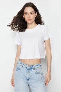 TRENDYOLMİLLA White-Gray 2 Sets Package 100% Cotton Crop Crew Neck Knitting T-Shirt - Image 2
