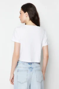 TRENDYOLMİLLA White-Gray 2 Sets Package 100% Cotton Crop Crew Neck Knitting T-Shirt - Image 3