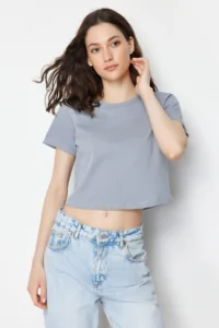 TRENDYOLMİLLA White-Gray 2 Sets Package 100% Cotton Crop Crew Neck Knitting T-Shirt - Image 4