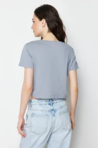 TRENDYOLMİLLA White-Gray 2 Sets Package 100% Cotton Crop Crew Neck Knitting T-Shirt - Image 5