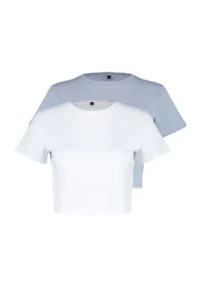 TRENDYOLMİLLA White-Gray 2 Sets Package 100% Cotton Crop Crew Neck Knitting T-Shirt - Image 6