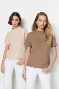 TRENDYOLMİLLA Beige-Mink 2 Sets Package 100% Cotton Basic Dog collar Knitting T-Shirt