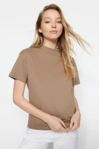 TRENDYOLMİLLA Beige-Mink 2 Sets Package 100% Cotton Basic Dog collar Knitting T-Shirt - Image 2
