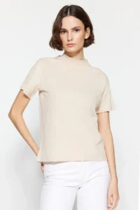 TRENDYOLMİLLA Beige-Mink 2 Sets Package 100% Cotton Basic Dog collar Knitting T-Shirt - Image 4