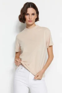 TRENDYOLMİLLA Beige-Mink 2 Sets Package 100% Cotton Basic Dog collar Knitting T-Shirt - Image 5