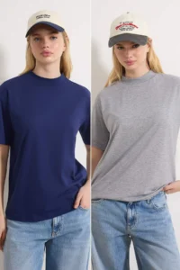 TRENDYOLMİLLA Navy Blue-Gray Melange 2 Sets Package 100% Cotton Basic Dog collar Knitting T-Shirt