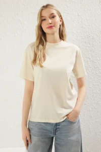 TRENDYOLMİLLA Oil Green-Open Stone 2 Sets Package 100% Cotton Basic Dog collar Knitting T-Shirt - Image 2