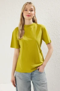 TRENDYOLMİLLA Oil Green-Open Stone 2 Sets Package 100% Cotton Basic Dog collar Knitting T-Shirt - Image 5