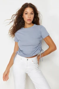 TRENDYOLMİLLA Gray 100% Cotton Crew Neck Shirred Basic Knitting T-Shirt
