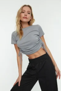 TRENDYOLMİLLA Gray 100% Cotton Crew Neck Shirred Basic Knitting T-Shirt - Image 10