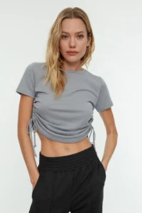 TRENDYOLMİLLA Gray 100% Cotton Crew Neck Shirred Basic Knitting T-Shirt - Image 11