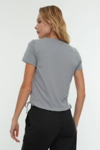 TRENDYOLMİLLA Gray 100% Cotton Crew Neck Shirred Basic Knitting T-Shirt - Image 13